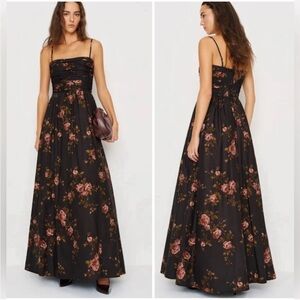 Reformation Kastoria Dress Ballad Black Floral Maxi Smocked